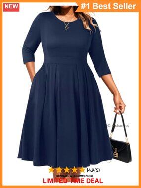 Plus Size Midi Dress 3/4 Sleeve A-Line Fit Flare Work Church Semi Formal